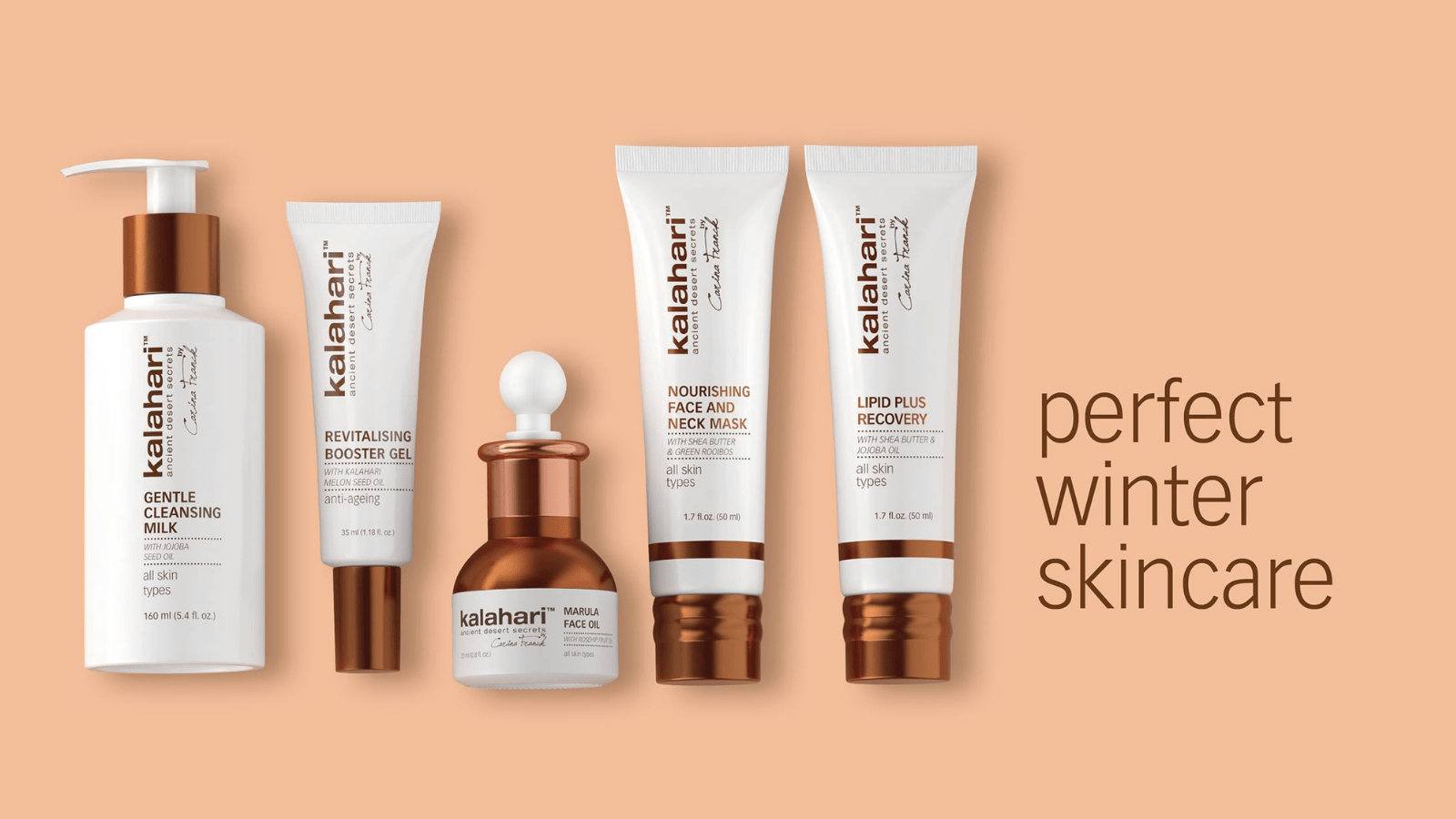 Kalahari vinterpakke med 5 hudplejeprodukter opstillet; inkluderer rens, booster gel, marula ansigtsolie, vandfri vintercreme og nærende maske til beskyttelse af tør vinterhud.