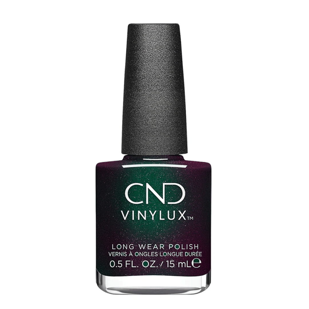 CND Vinylux Forever Green #455 – Mørk bordeaux-lilla neglelak på flaske
