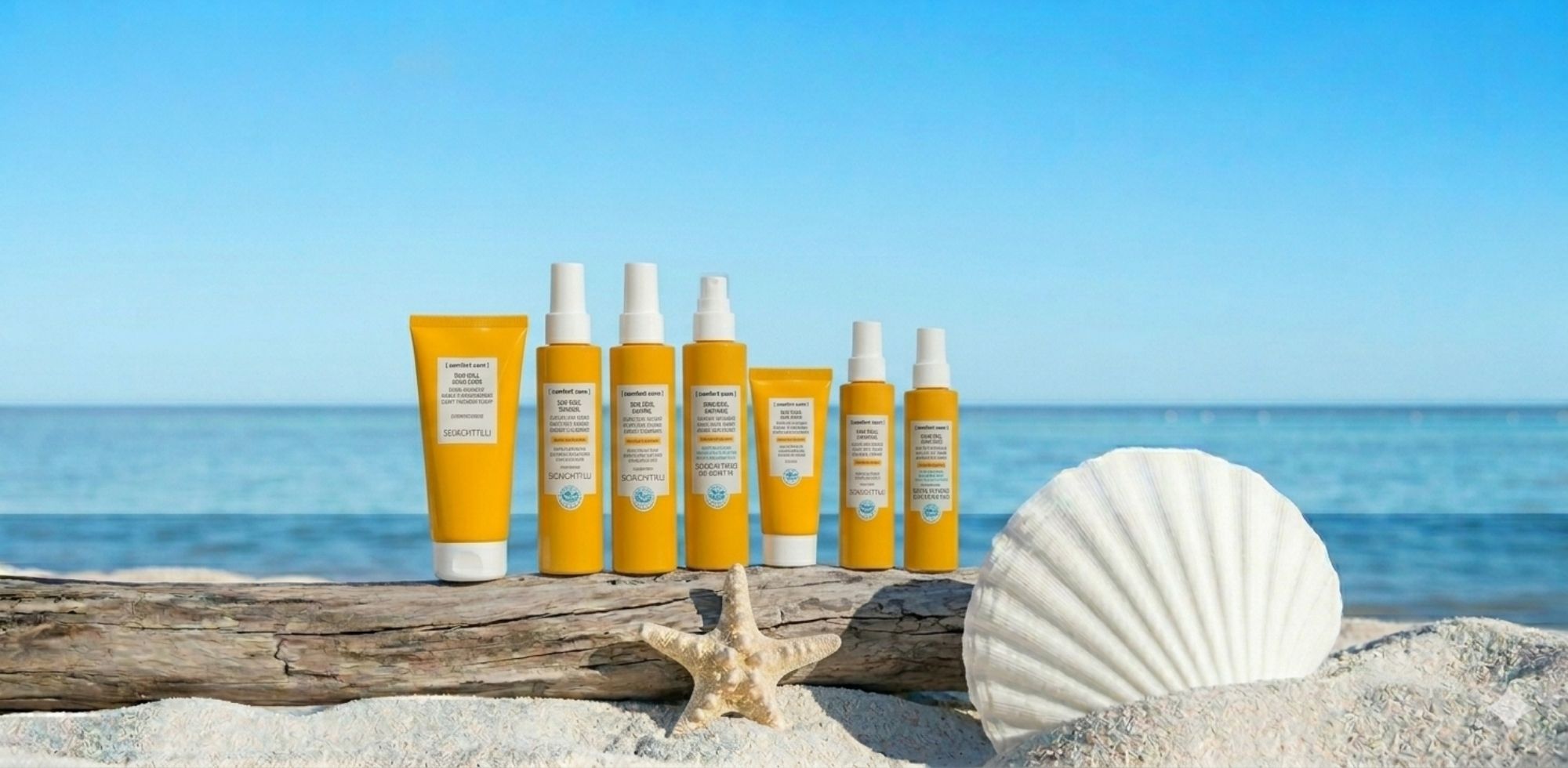 Et stemningsfuldt billede af en række gule Comfort Zone Sun Soul solplejeprodukter arrangeret på et stykke drivtømmer på en hvid sandstrand. I forgrunden ses en stor hvid muslingeskal og en søstjerne, og i baggrunden det turkisblå hav og en skyfri himmel.