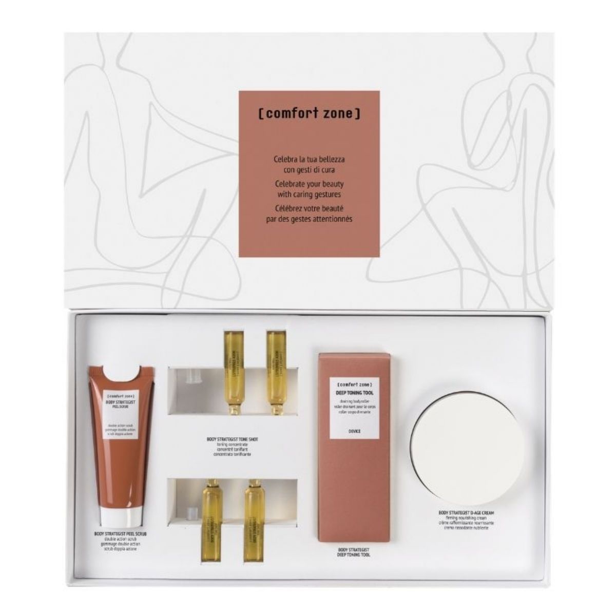 Comfort Zone kit med Peel Scrub Tone Shot D-Age Cream og massageværktøj