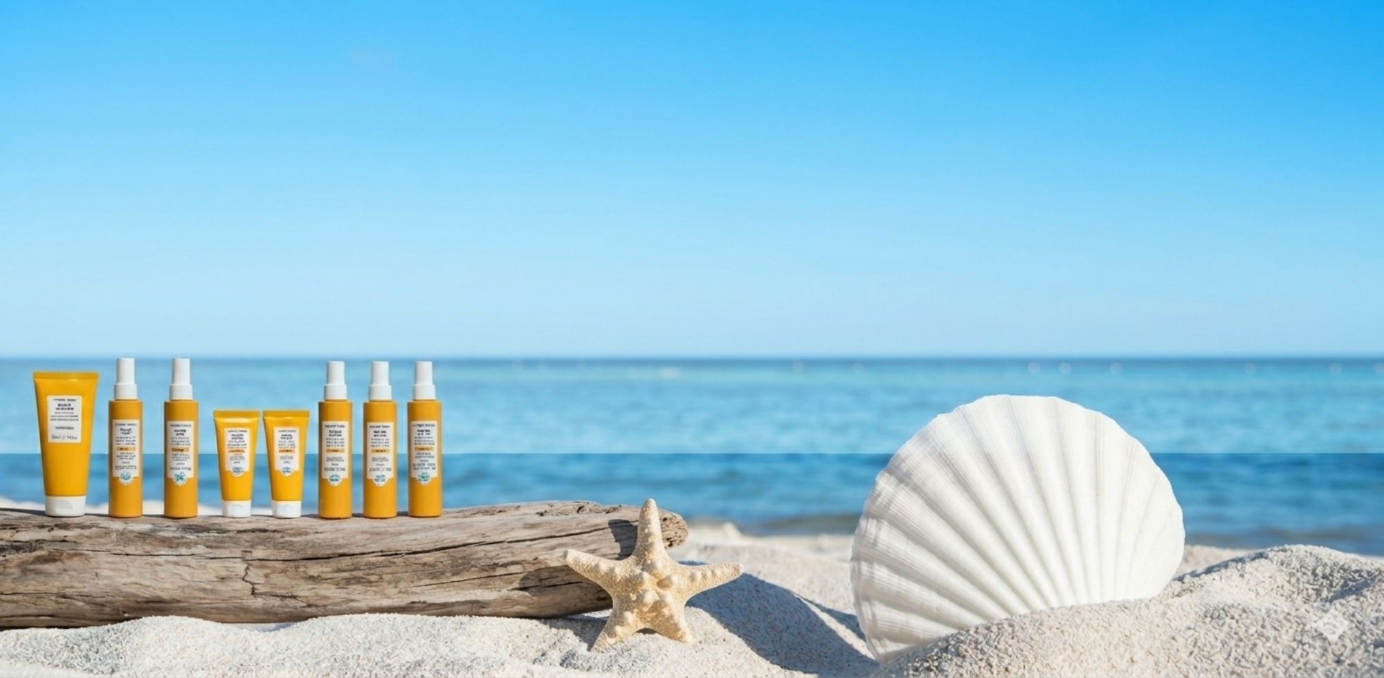 Et stemningsfuldt billede af en række gule Comfort Zone Sun Soul solplejeprodukter arrangeret på et stykke drivtømmer på en hvid sandstrand. I forgrunden ses en stor hvid muslingeskal og en søstjerne, og i baggrunden det turkisblå hav og en skyfri himmel.