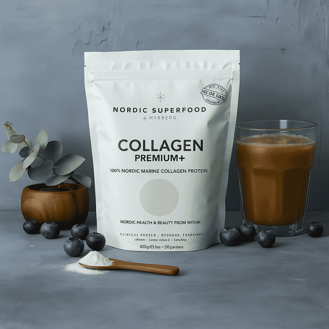 Nordic Superfood Collagen Premium+ – rent norsk marint kollagenpulver i pose og glas