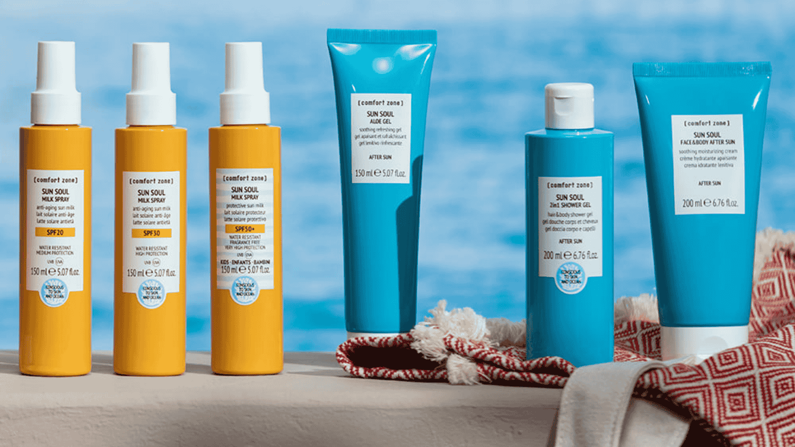 Sun Soul solprodukter fra Comfort Zone, Milk Spray, SPF50, Cream SPF30, Face cream SPF30, Aftersun